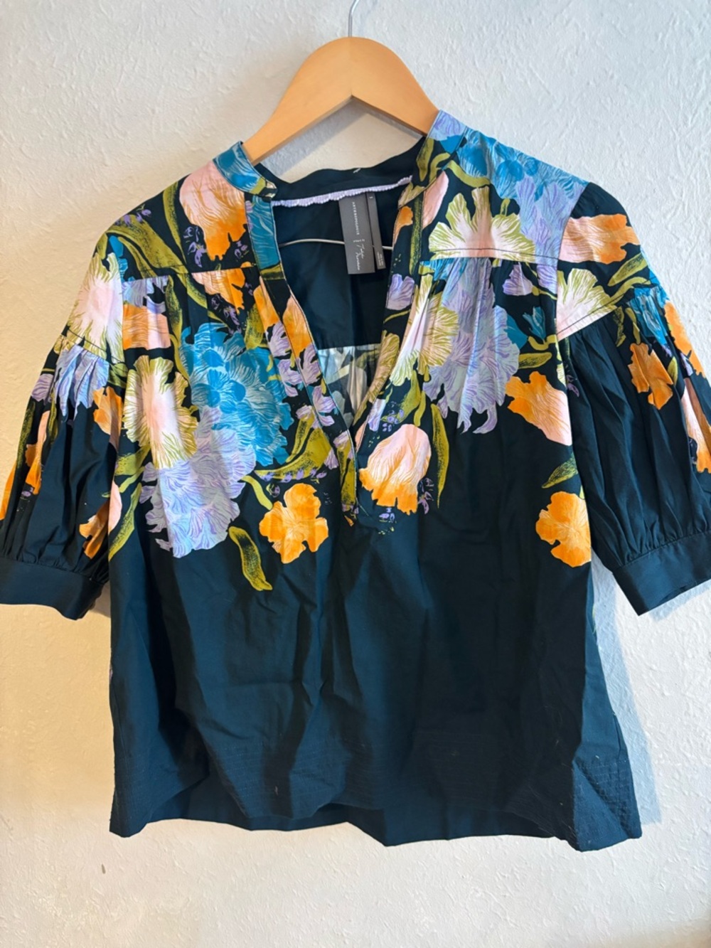 Anthropologie Navy Floral Puff-Sleeve Blouse - Picture 2 of 6